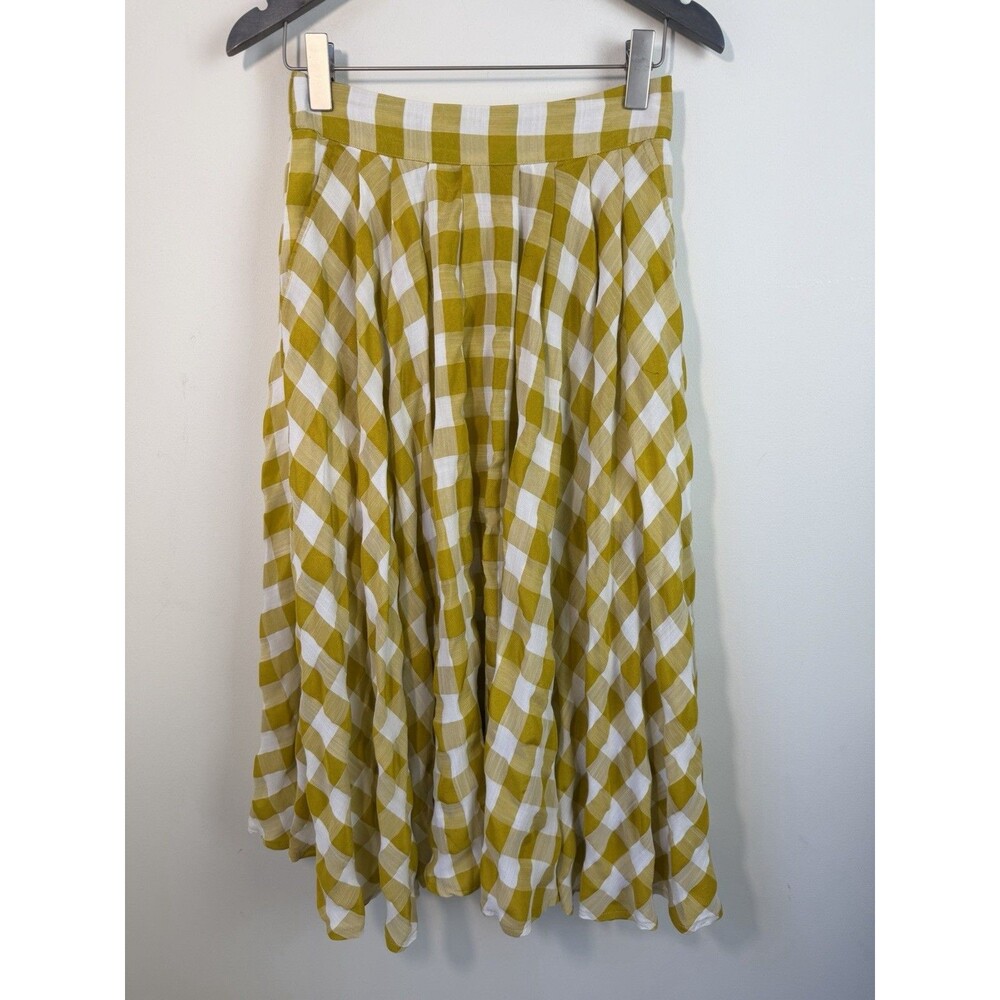 MABLE Plaid Gingham Skirt Flared Size Medium Checkered Picnic Yellow White - Picture 4 of 10